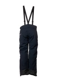 Mörkblå snöbyxor med justerbara svarta hängslen, förstärkta muddar och en slät yta. Har en logotyp och zigzag-mönster vid fållen.