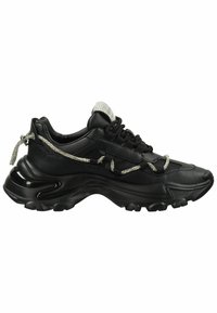 Black sneakers made of synthetic material, featuring a textured design, silver accents, and a thick sole with prominent treads.