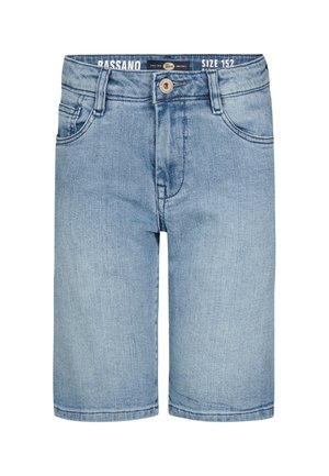 Lichtblauwe denim shorts met een rechte snit, vijf zakken en een knoopsluiting. Voorzien van subtiele vervagingen en stiksel details. Maat 152.