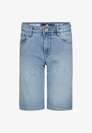 Vaaleansiniset farkkushortsit, joissa suora leikkaus, viisi taskua ja nappikiinnitys. Varustettu hienovaraisilla haalistumilla ja ompeludetaljeilla. Koko 152.