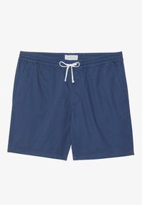 Marineblaue Badeshorts aus leichtem Stoff mit elastischem Bündchen und weißem Kordelzug sowie zwei Seitentaschen.
