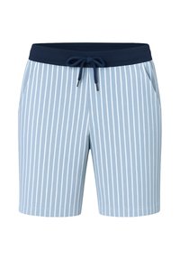 Pantalones cortos a rayas azules de tejido suave, con una cinturilla elástica azul marino con cordón, dos bolsillos laterales y una longitud a medio muslo.