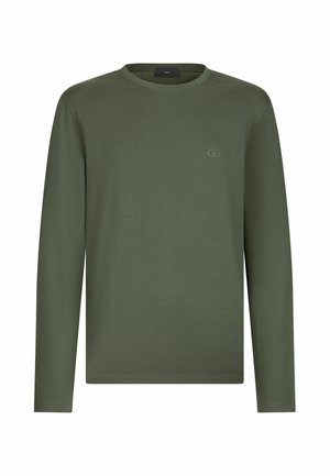 Majica z dolgimi rokavi, olivno zelena, z okroglim izrezom in subtilnim logotipom na prsih ter črno etiketo znotraj ovratnika na belem ozadju.