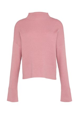 Rosa gestrickter Pullover mit hohem Kragen, überschnittenen Schultern und langen Ärmeln. Die Textur ist gerippt mit einem leicht verkürzten Saum.