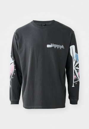 Long-sleeve black cotton t-shirt featuring a logo on the front and graphics of a compass and oar on the sleeves in blue and pink tones.