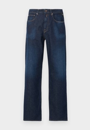 Dark blue straight-leg denim jeans with front pockets, belt loops, and a button closure on a plain background.