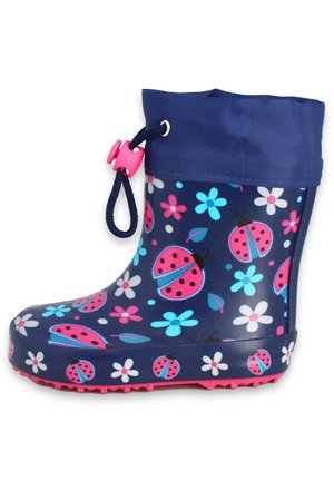 Botte de pluie en caoutchouc bleu marine avec des imprimés de coccinelles et de fleurs roses et bleues, dotée d'un revers bleu marine et d'un cordon de serrage ajustable pour un maintien sécurisé.