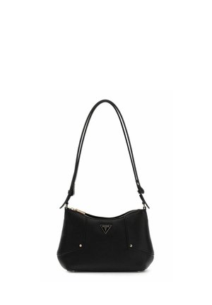 Black leather shoulder bag with a long adjustable strap, gold zipper, and triangular Guess logo on the front center.