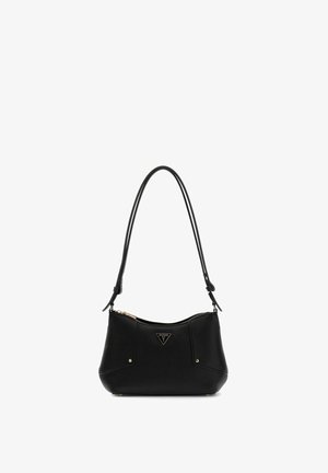 Black leather shoulder bag with a long adjustable strap, gold zipper, and triangular Guess logo on the front center.