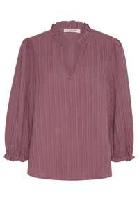 Blusa color prugna con texture a coste, scollatura a V e collo arricciato. Presenta maniche a palloncino con polsini elasticizzati e una vestibilità comoda.
