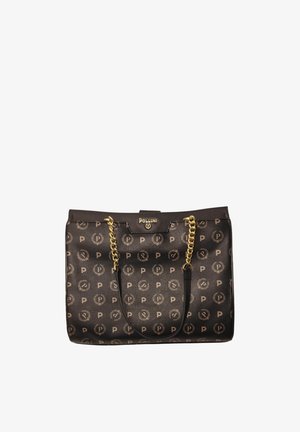 Borsa tote nera Pollini con motivo beige "P" e alloro, dotata di catena dorata e manici in pelle nera, forma rettangolare con chiusura a patta.