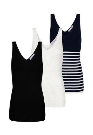 Three knit tank tops: black, white, and navy with white stripes. Features v-necklines, ribbed texture, and varying designs.