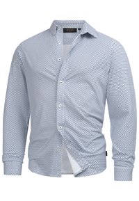 Modrá košile na knoflíky s bílým geometrickým vzorem, dlouhými rukávy a jednou kapsou. Má klasický límec a zaoblené manžety.