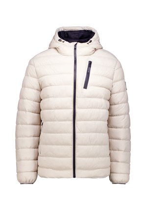 Chaqueta de plumas de color claro con capucha, que cuenta con un cierre completo, diseño de paneles y un cierre y detalles oscuros en contraste.