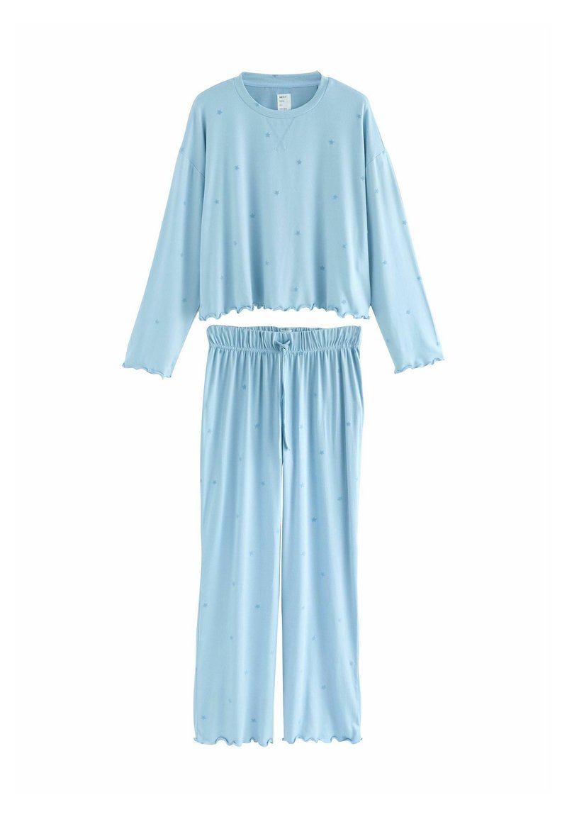 Haut bleu clair à manches longues avec un motif d'étoiles et un ourlet festonné, associé à un pantalon de pyjama assorti, également avec un ourlet festonné et une taille élastique.
