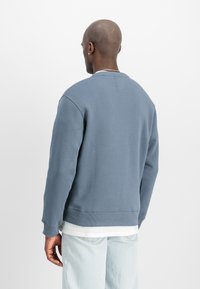 Mėlynas džemperis su apvalia apykakle, raukšlėtomis rankogaliais ir apačia. Minkšta medžiaga, laisvas kirpimas, ir dėvimas ant baltos marškinių. Minimalistinis dizainas.