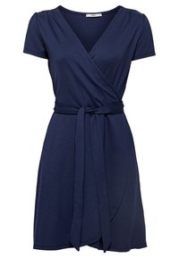 Robe portefeuille bleu marine à manches courtes avec col en V et ceinture nouée à la taille, longueur genou, en tissu doux et fluide.