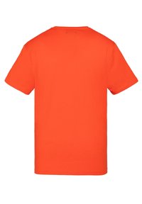 T-shirt a maniche corte di colore arancione brillante, realizzato in cotone, con scollatura rotonda e design semplice, senza loghi o motivi visibili.
