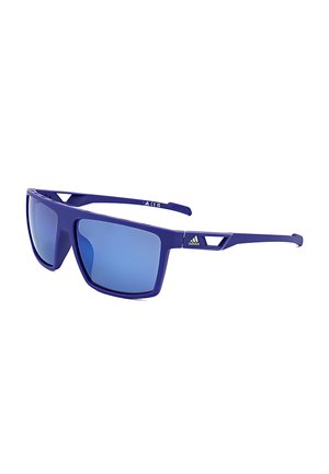 Blaue Adidas Sport-Sonnenbrille mit rechteckigen verspiegelten Gläsern und einem Ausschnittdetail an den Bügeln, gezeigt auf weißem Hintergrund.