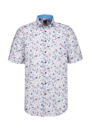 Camicia a maniche corte con bottoni di colore bianco e stampa floreale multicolore. Presenta un colletto blu e bottoni scuri con una texture liscia.