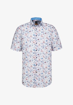 Camicia a maniche corte con bottoni di colore bianco e stampa floreale multicolore. Presenta un colletto blu e bottoni scuri con una texture liscia.