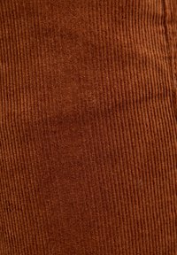 Gros plan sur un tissu en velours côtelé doux et marron, montrant des rainures verticales et des fibres texturées.