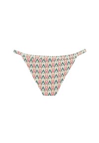 Bikini de tejido con un diseño de patrón abstracto en colores rosa, azul y crema; cuenta con tirantes finos y un corte bajo.