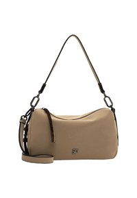 Borsa a mano sintetica beige di forma rotonda, con texture liscia e accessori neri. Presenta una tracolla regolabile e una chiusura con zip.