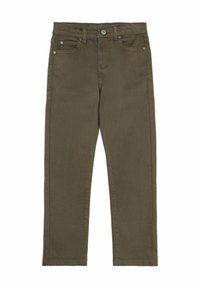Olivgröna jeans tillverkade av stretchig bomull, med knappstängning, framfickor och rak bendesign.