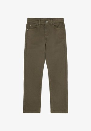 Zielone oliwkowe dżinsy wykonane z elastycznej bawełny, z zapięciem na guzik, przednimi kieszeniami i prostym krojem nogawek.