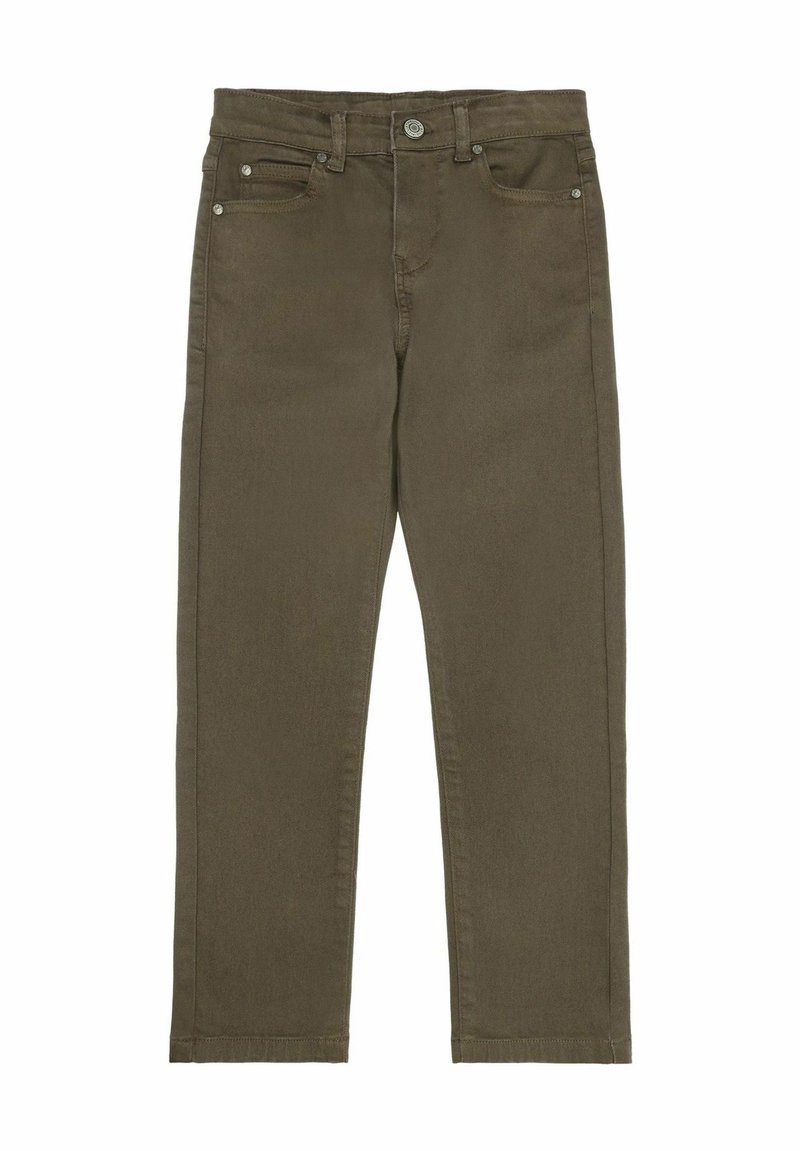 Olīvzaļas džinses, kas izgatavotas no elastīgas kokvilnas, ar pogu aizdari, priekšējām kabatām un taisnām kājām.