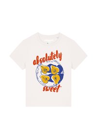 Cremefarbene Baumwoll-T-Shirt mit buntem Druck eines Kuchens, der vier gelbe Stücke zeigt, und dem Text "absolut süß" in Orange und Blau.