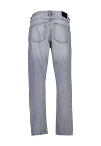 Jasnoszare dżinsy z denimu o prostych nogawkach, z dwoma tylnymi kieszeniami i płaskim pasem z czarną skórzaną naszywką.