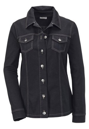 Zwart denimjack met een puntige kraag, lange mouwen, twee borstzakken, zilveren knopen en contrasterende witte stiksels.