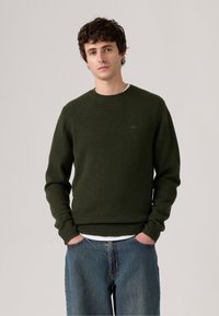 Donkergroen trui van zacht materiaal, met een klassieke ronde halslijn en geribde manchetten en zoom. Draagt over een wit shirt, gecombineerd met blauwe jeans.