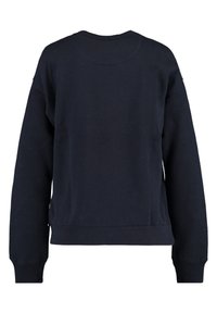 Navy blue sweatshirt with a round neckline, dropped shoulders, and ribbed cuffs. Made from textured fabric with a relaxed fit. Plain back design.
