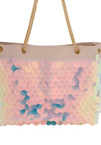 Rummelig tote bag med en beige syntetisk overdel, prydet med iriserende perler i pastelfarver, med guldkædetræk.