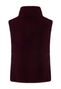 Burgundská umělá kožešinová bezrukávová vesta s vysokým límcem, má měkkou strukturu a čistý, jednoduchý design. Žádné viditelné kovové prvky ani akcenty.