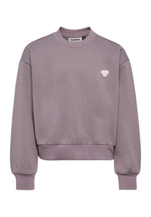 Lilla langærmet sweatshirt med rund halsudskæring med ribkanter ved manchetter og kant, med et lille hvidt broderet logo på venstre bryst.