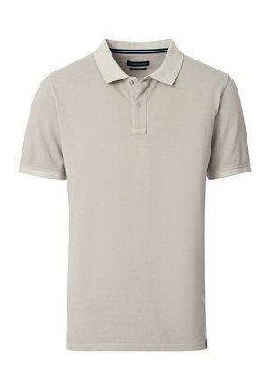 Hellbeige Poloshirt aus Baumwolle. Verfügt über einen klassischen Kragen, kurze Ärmel und eine Knopfleiste mit drei Knöpfen. Glatte Textur.