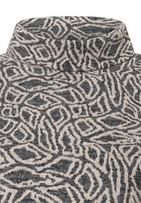 Rollkragenpullover mit geometrischem Muster in Grautönen und Beige, aus strukturiertem Strickstoff mit weicher Haptik.