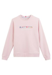 Sweatshirt rose en tissu doux, avec un col rond et des manches longues. Le design avant comprend le texte coloré "BLACK WELLIS".