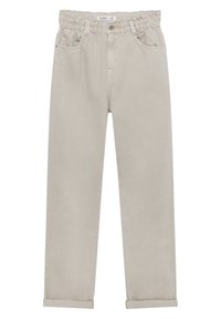 Pantalon beige fuselé avec une taille élastique, deux poches avant, et des revers roulés. Tissu en coton lisse avec un design casual.