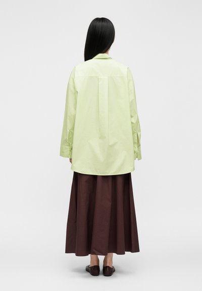 Femme debout de dos, portant une chemise à manches longues vert clair et une longue jupe marron foncé avec des chaussures foncées sur un fond uni.