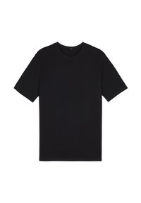 Camiseta negra de manga corta hecha de algodón. Presenta un cuello redondo, un corte recto y una textura suave. Sin logos ni patrones visibles.