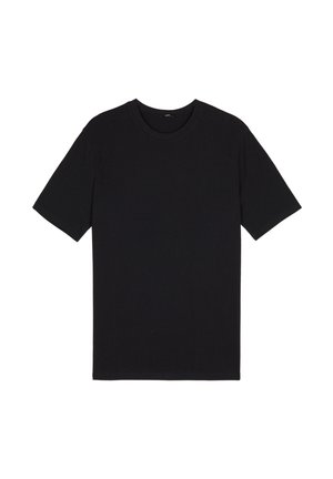 SchwarzesKurzarm-T-Shirt aus Baumwolle. Verfügt über einen Rundhalsausschnitt, einen geraden Schnitt und eine glatte Textur. Keine sichtbaren Logos oder Muster.