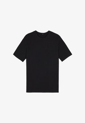 SchwarzesKurzarm-T-Shirt aus Baumwolle. Verfügt über einen Rundhalsausschnitt, einen geraden Schnitt und eine glatte Textur. Keine sichtbaren Logos oder Muster.