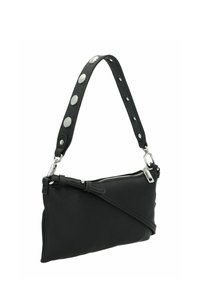 Black leather shoulder bag with zip closure, flat rectangular shape, and adjustable strap with silver hardware and circular accents.
