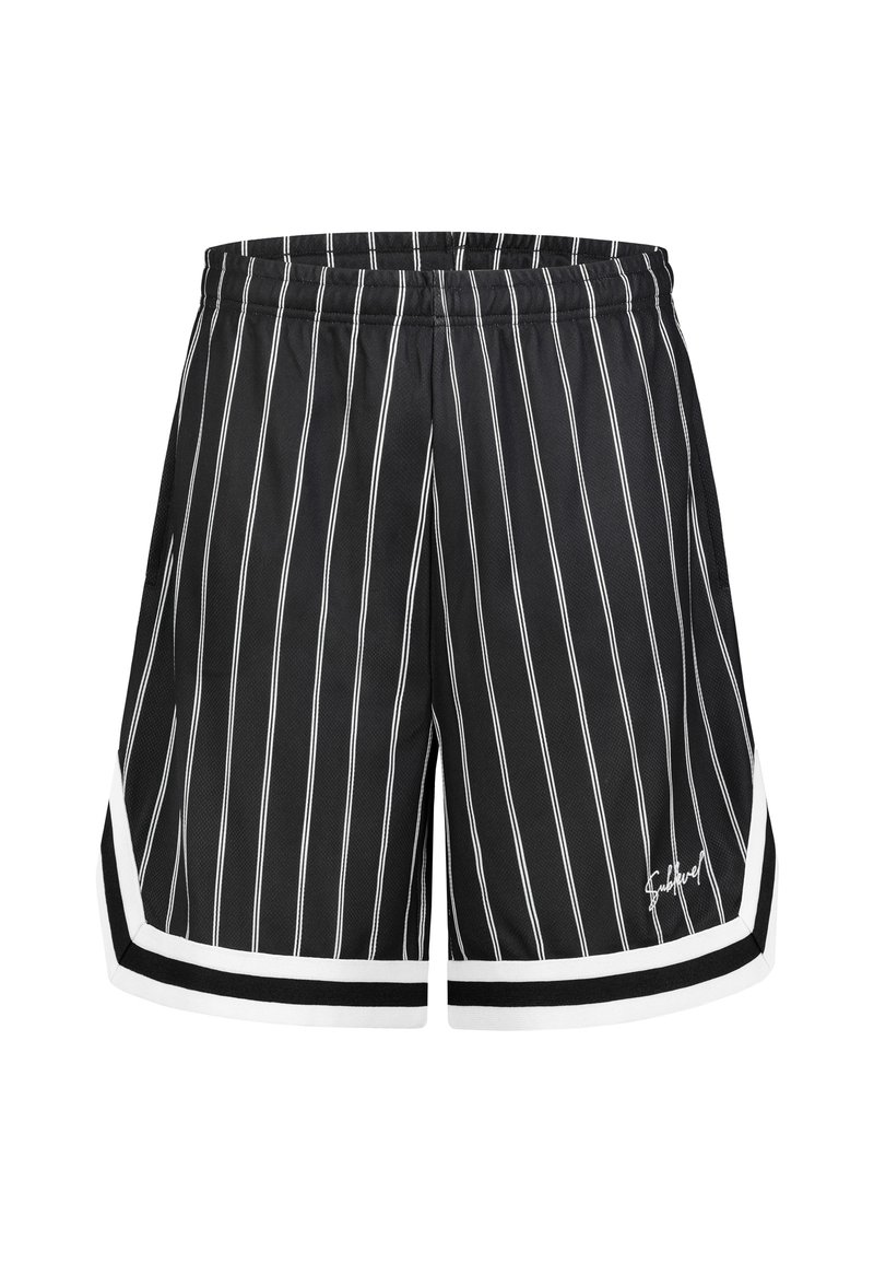 Schwarze Sportshorts mit weißen vertikalen Streifen, elastischem Bund, kontrastierenden Seitenpaneelen und einem kleinen Logo auf der Vorderseite.