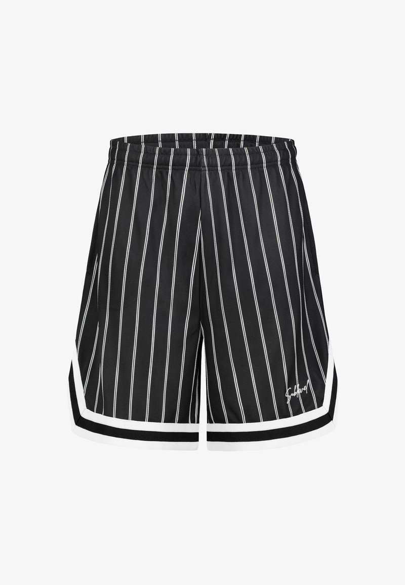 Schwarze Sportshorts mit weißen vertikalen Streifen, elastischem Bund, kontrastierenden Seitenpaneelen und einem kleinen Logo auf der Vorderseite.
